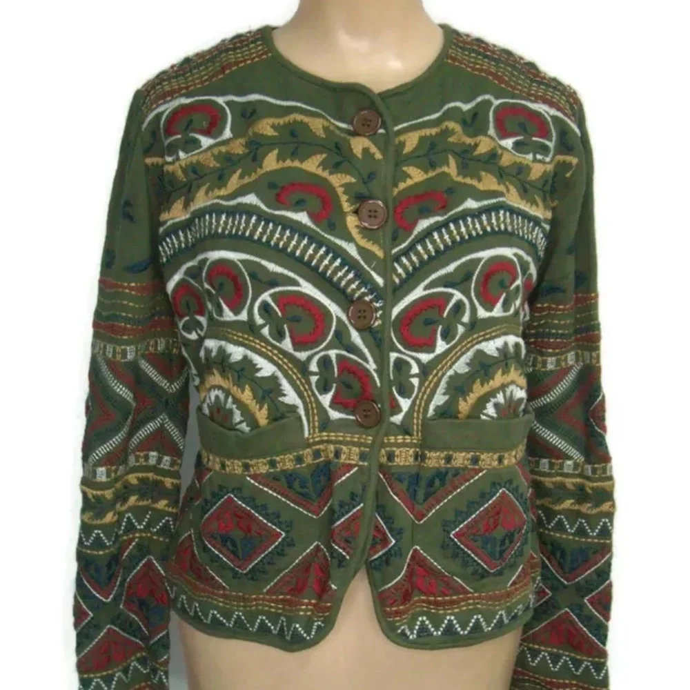 Johnny Was JW Los Angeles Womens Embroidered Cardigan Jacket Cotton Small Green - Picture 1 of 10